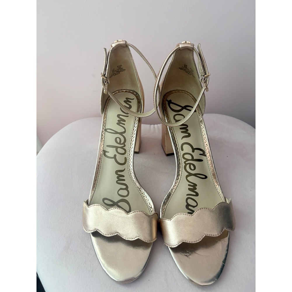 Sam Edelman Odila Gold Metallic Scalloped Block Heel Ankle Strap Sandals Size 9